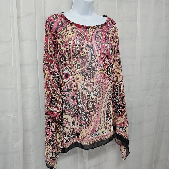 Mirabeau Pink Black Floral Paisley Blouse Peasant Boho Gypsy Festival Sheer L - Picture 4 of 12